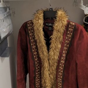 Maroon suede coat w/tan faux fur trim